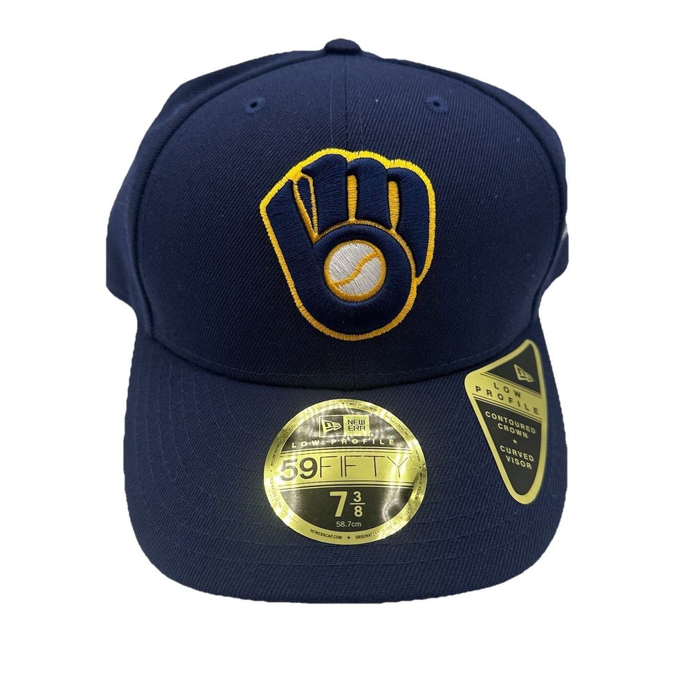 New Era 59Fifty Milwaukee Brewers Hat Cap 7 3/8 Navy On Field Low Profile Fitted